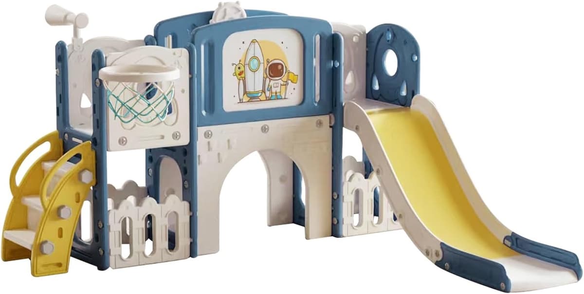 Glijbaan voor peuters van 1-3 jaar, klimladder, basketbalhoepel, tekentafel, opbergmand, HDPE-materiaal, educatief activiteitencentrum, speeltuinset voor kinderen (BLAUW GEEL) — afbeelding 1