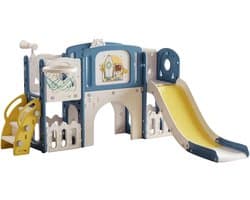 Glijbaan voor peuters van 1-3 jaar, klimladder, basketbalhoepel, tekentafel, opbergmand, HDPE-materiaal, educatief activiteitencentrum, speeltuinset voor kinderen (BLAUW GEEL)