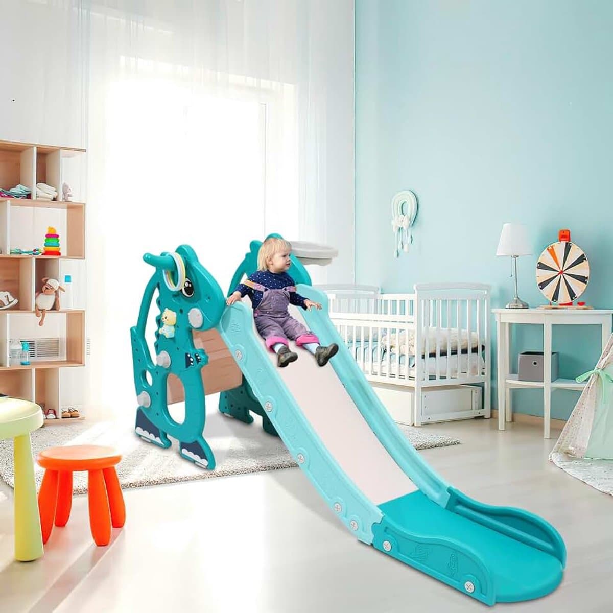 4-in-1 kinderglijbaan met basketbalkorf & leermachine, voor binnen en buiten, 145 x 38 x 67 cm, tot 35 kg, groen — afbeelding 1