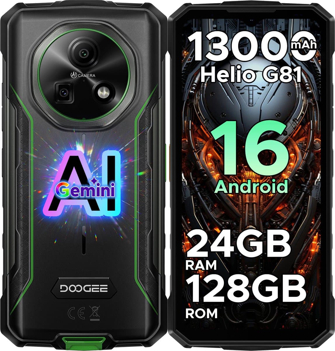 DOGEE Fire 5 Pro 4G- Rugged Smartphone - 13000 mAh/18W - Android 16 - 13MP+8MP - 24GB ROM+128GB ROM/(2TB/TF) - Gemini AI - 6,6inch HD+ 90Hz - MediaTek Helio G81 - NFC- Face ID - Vingerafdruk - IP68 - Groen — afbeelding 1