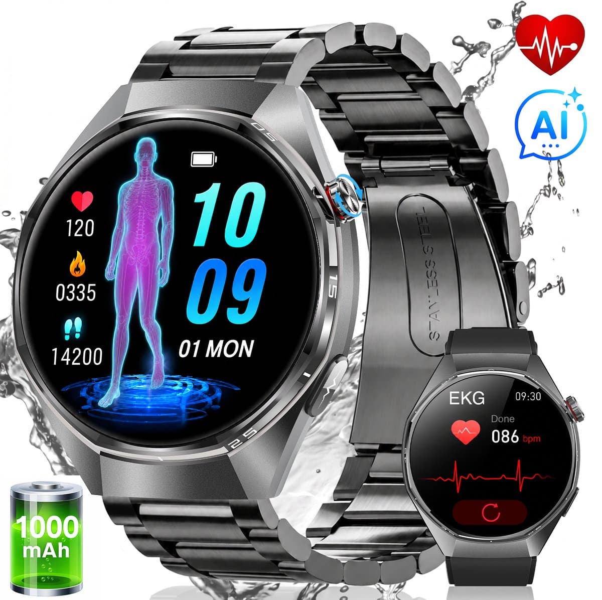 FOSMET Smartwatch Heren en Dames - AI-Gezondheidsanalyse - ECG, PPG, BMI & SpO2 - 1,43 Inch AMOLED - 1000mAh - Hartslagmeter & Bloeddrukmeting - Lichaamstemperatuur - MET-meting - 100+ Sportmodi - Fitnesstracker - 5ATM Waterdicht - 2 Bandjes - Zwart — afbeelding 1