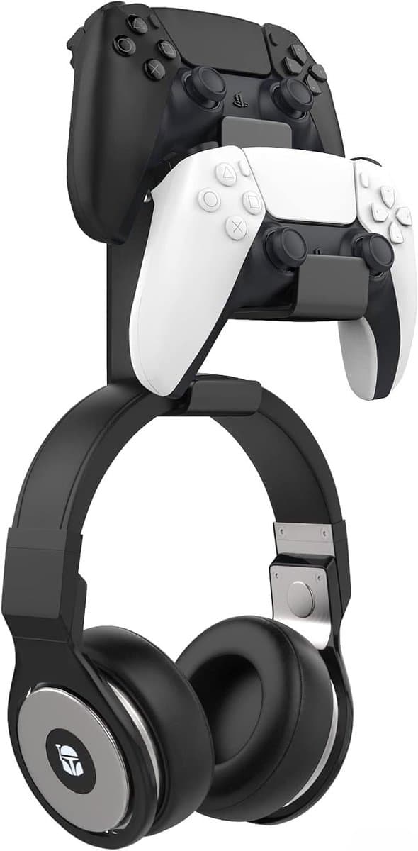 Dual Gamepad Controller en Hoofdtelefoon Houder voor Xbox, PS en PC - Muurbevestiging voor Alle Universele Headsets, Zwart — afbeelding 1