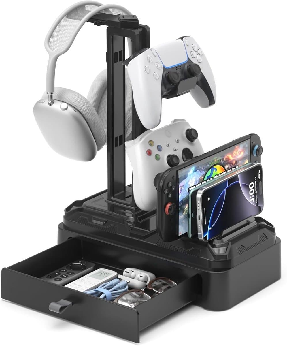 Multifunctionele Hoofdtelefoonstandaard met Tray - Draaiende Houder voor Headsets en Afneembare Desk Controller - Organizer voor Telefoons en Tablets — afbeelding 1