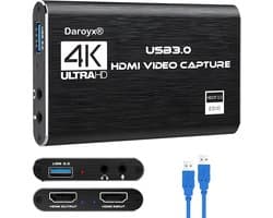 Daroyx® VCC4K Pro Video Capture Card - USB-A 3.0 - HDMI 4K@60Hz - Game Capture voor PC, Mac, PS4, PS5, Nintendo, Xbox en meer - Zwart