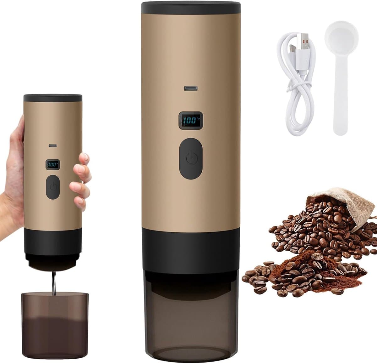 Draagbaar koffiezetapparaat 3-in-1 inc. beker - 1 kop - Oranje - Oplaadbaar, draagbaar reis koffiezetapparaat - 12V espressomachine voor capsule en gemalen koffie portable - Kamperen, reizen, vakantie, kantoor, auto, thuis — afbeelding 1