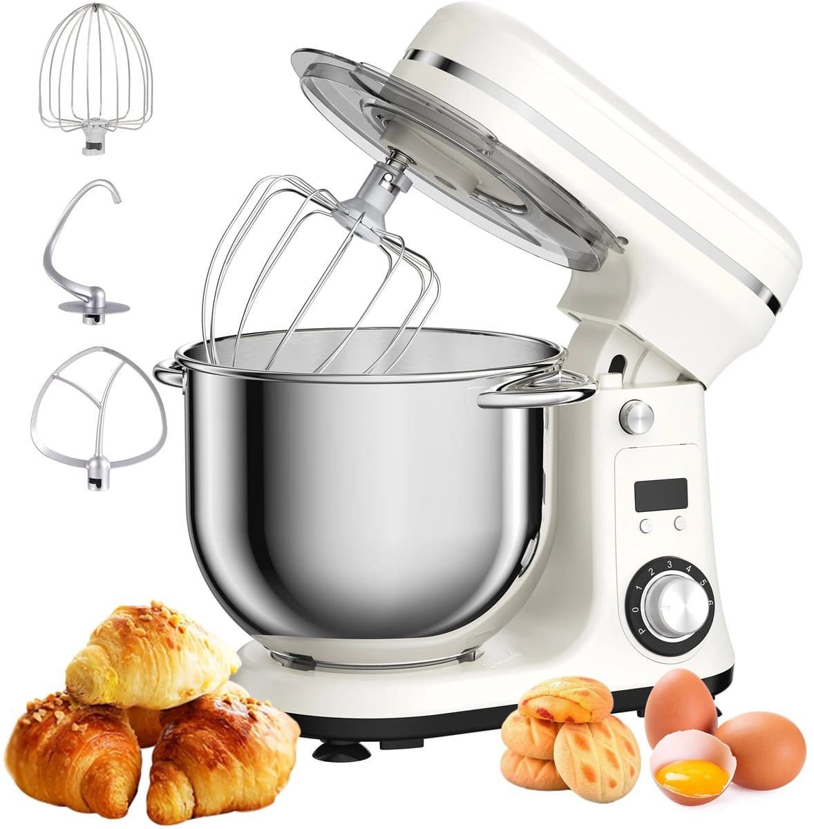 Lunekiss 6L keukenmixer met 1200W stille DC‑motor, 6 snelheden, LED‑timer, RVS mengkom en accessoires – Zilver — afbeelding 1
