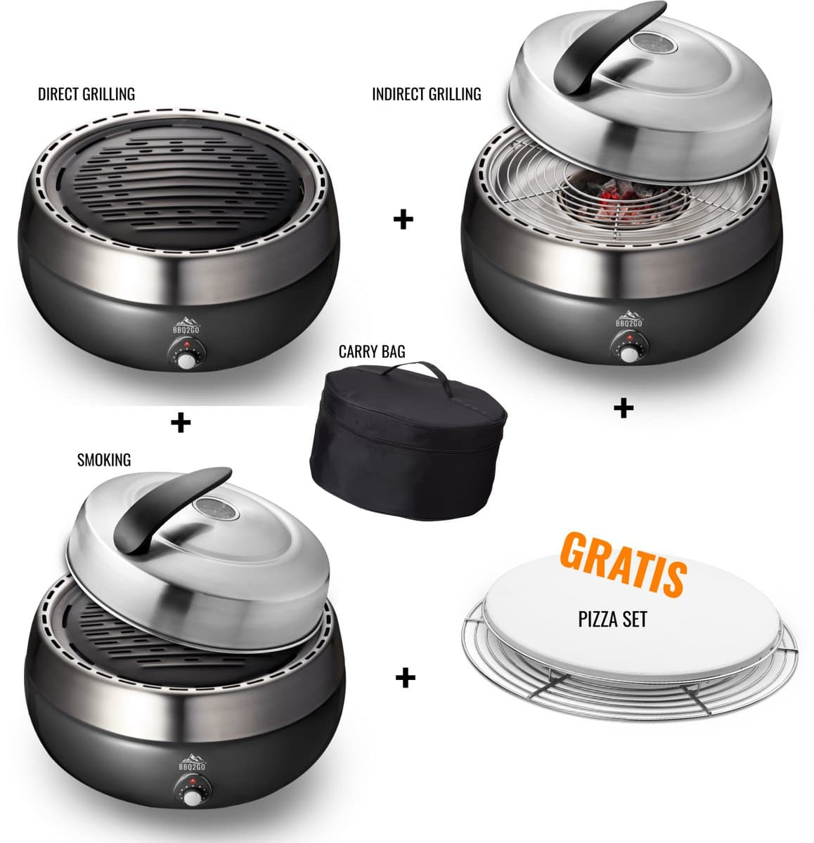 BBQ2GO SET - Rookvrije Houtskool Tafelbarbecue - Direct en Indirect grillen en smoken, met deksel en GRATIS Pizzaset & Draagtas - Ø30cm — afbeelding 1