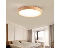 Ronde Houten LED Plafondlamp Dimbaar met Afstandsbediening Lichtkleur en Helderheid Verstelbaar