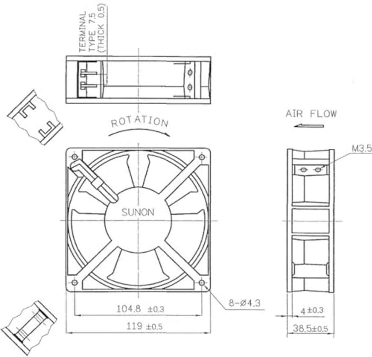 Ventilator 120x120x38mm, AC 230V, 2700U/min, Max 44dB, Glijlager — afbeelding 1