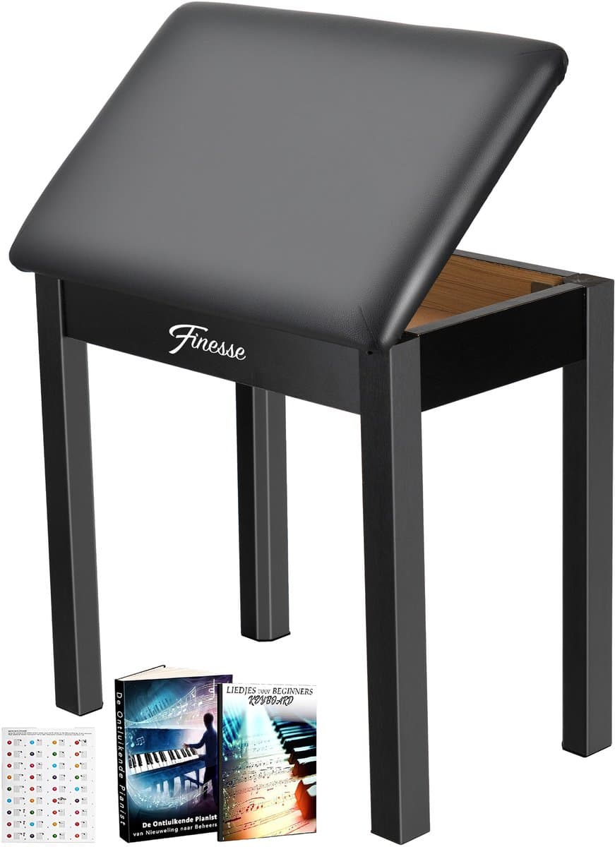 Finesse Pianokruk - met Opbergruimte - Zacht Kussen - Pianobank - Pianostoel - Zwart — afbeelding 1