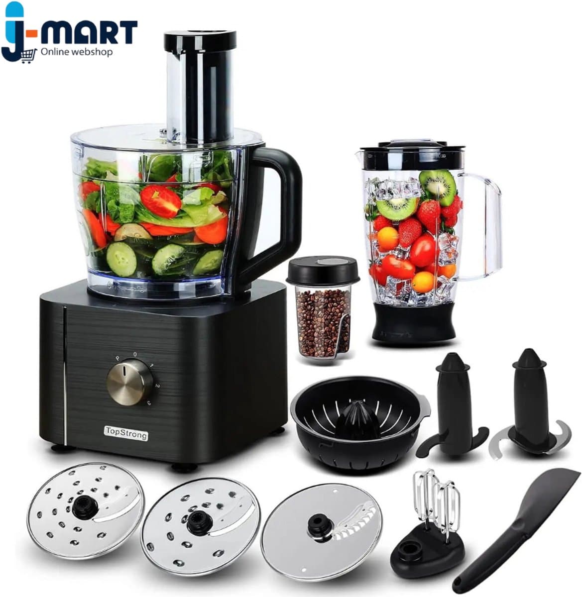J-Mart 6 in 1 Keukenmachine - Blender - Bonen Slijper - Citruspers - Incl. Deeghaak/Deegmes/ 3 Snij- en Raspschijven - Grijs — afbeelding 1