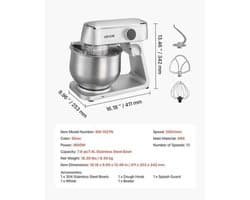 Keukenmachine – Keukenmixer – Keukenrobot – Foodprocessor – Mixer – 7,4L RVS Mengkom – 1800W Motor – 10 Snelheden – Inclusief Deeghaak, Garde En Platte Mengklopper