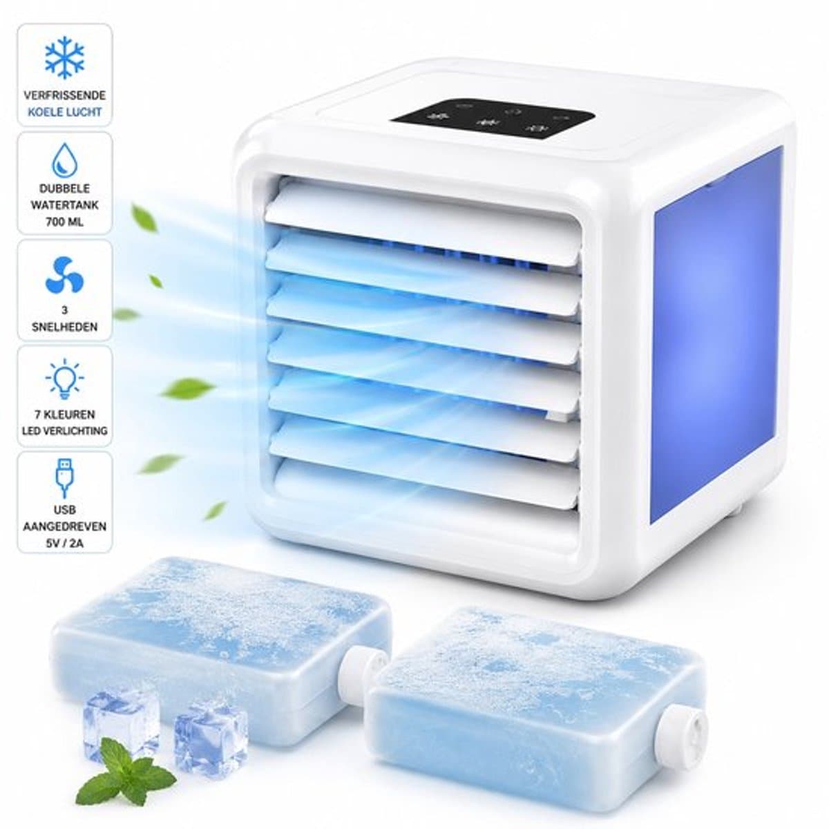 QUIGG Mini Air Cooler met LED Verlichting – Draagbare Luchtkoeler – Dubbele Watertank 700 ml – 3 Snelheden – USB Aangedreven – Wit — afbeelding 1