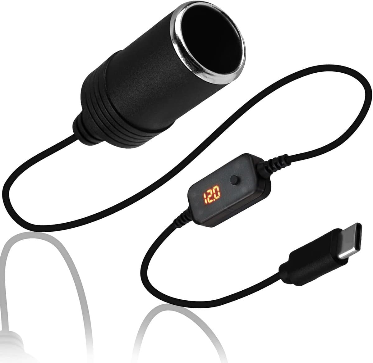 SnelShoppen - USB C naar 12V Sigarettenaansteker Adapter met LED Scherm en Schakelaar, Verstelbare Voltage 5V 9V 12V 15V 20V, 30cm voor GPS, Dashcam, — afbeelding 1