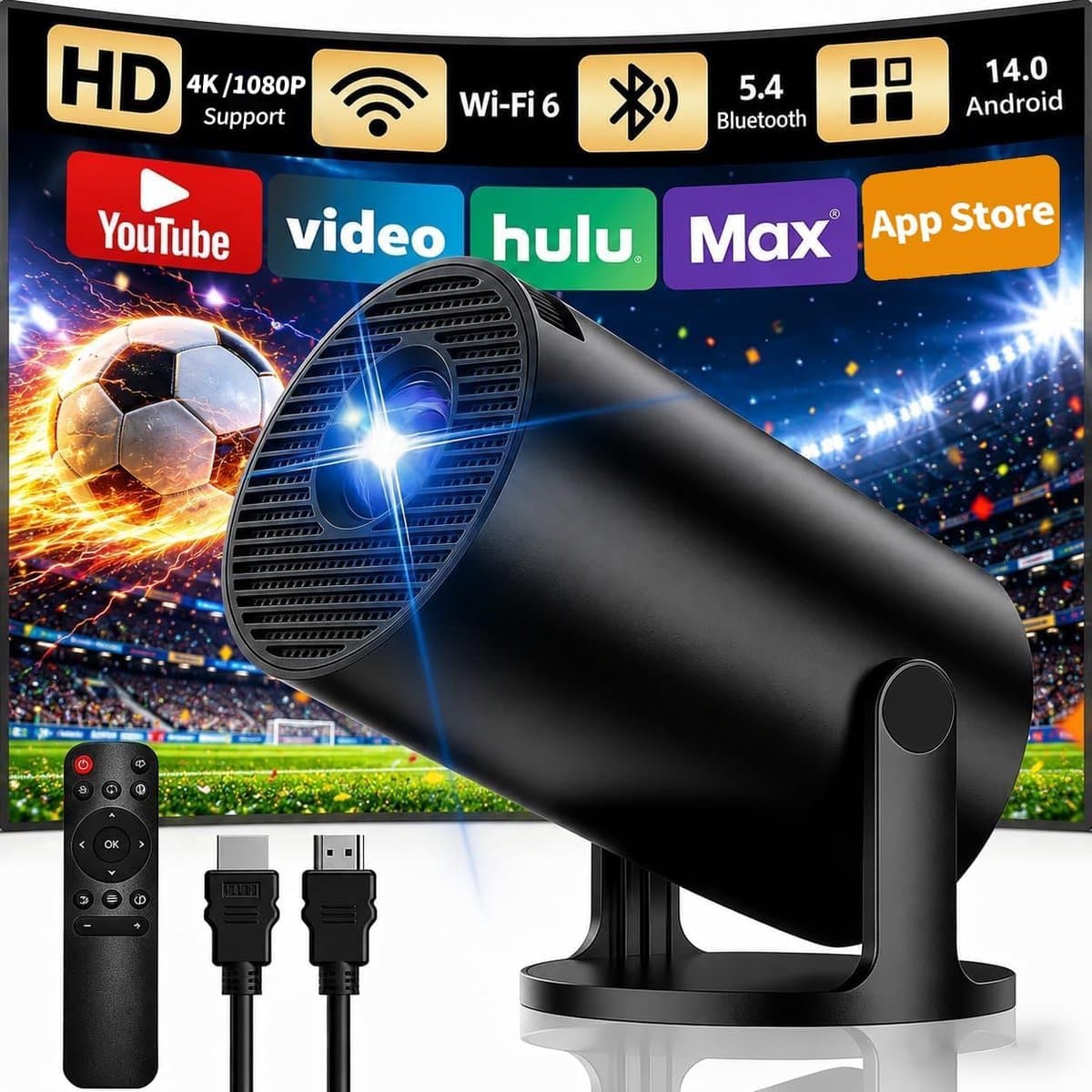 SnelShoppen - Draagbare Mini Beamer Projector met Wi-Fi 6 en Bluetooth 5.4, Automatische Keystone, Draadloos Schermspiegelen voor Android/iOS, Zwart, — afbeelding 1