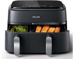 Philips 3000 Series Dual Airfryer - NA351/00 - Dubbele Mand - 9L - Tot 6 Personen - Zwart/Zilver