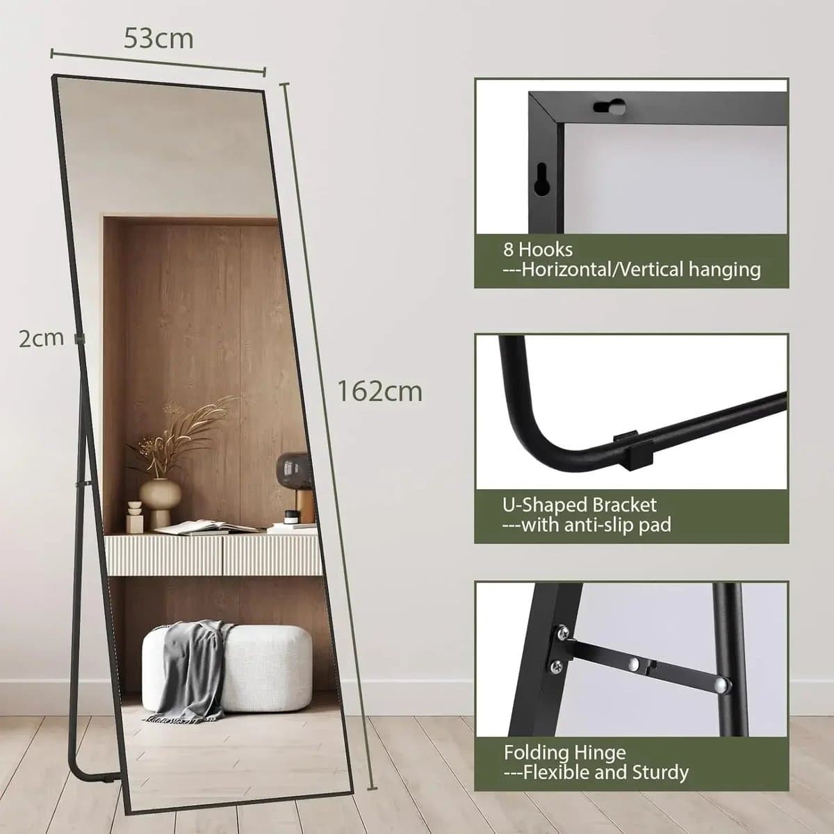 Passpiegel - Speigel - Passpiegel Staand - 162x53cm - Zwart Aluminium Frame – Rechte Hoek – Vrijstaand of Wandmontage — afbeelding 1