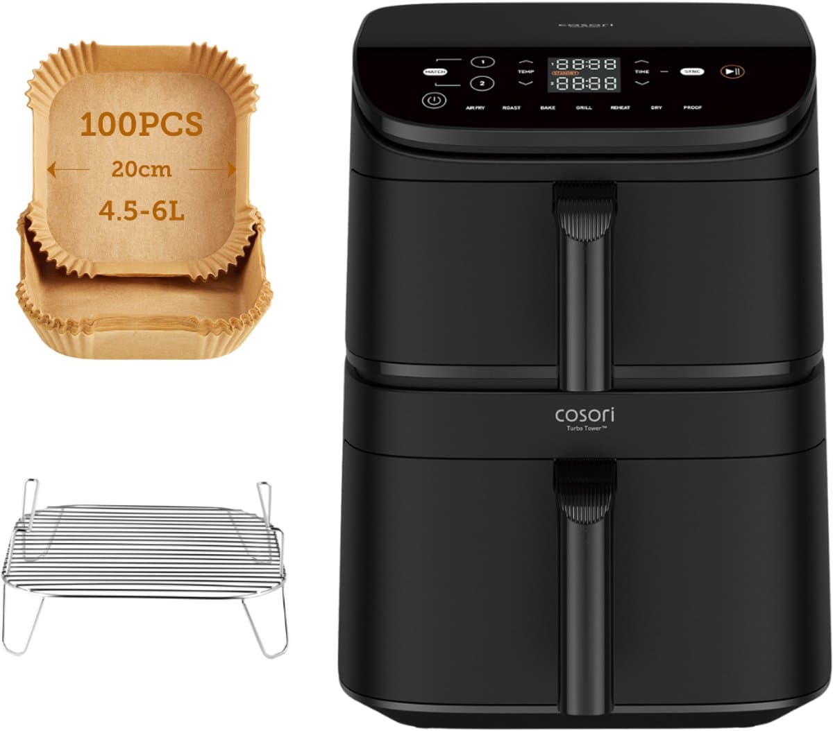 Cosori XXL Airfryer Turbo Tower - 10.8 liter inhoud - 2 manden apart in te stellen - 7 programma's - met 100 stuks bakpapier — afbeelding 1