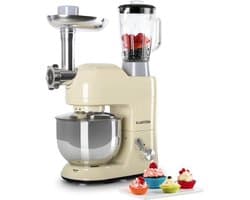 Klarstein Blender Knetmaschine keukenmachine met Fleischwolf, 2000W Teigmaschine klein, 6 standen, Schneebesen - & Knethaken, planetair , roermachine met Mixer, keukenmachines met 5L kom - 1800W 5,2L - voor Keuken - RVS - Standmixer