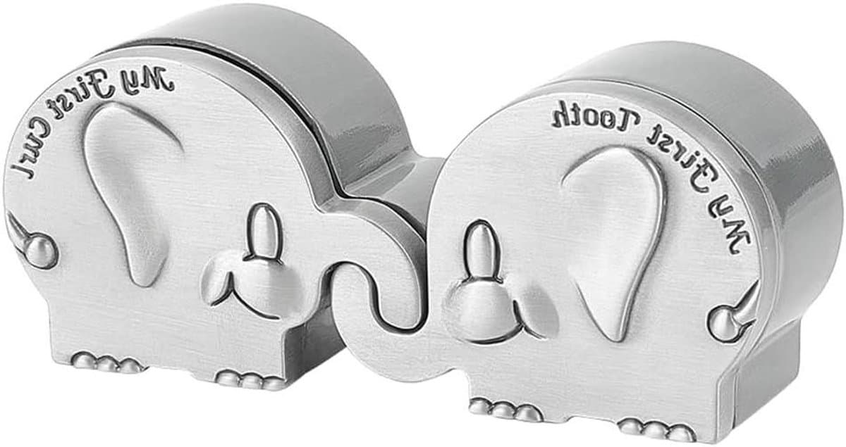 Herinneringsdoos voor baby's - 2 stuks, antiek zilver, met olifantentanden, doop en douche gedenkdoos — afbeelding 1