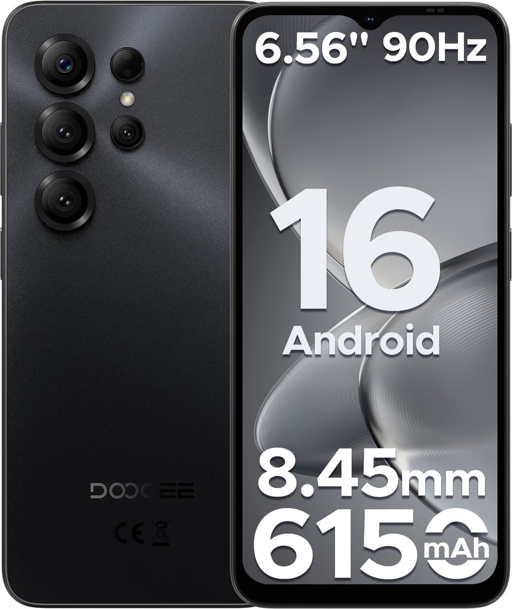 DOOGEE Note 56X - Smartphone - Android 16 - 24 GB RAM + 64 GB ROM / TF 2 TB - Octa core processor - 6,56 inch HD+ 90 Hz - 8 MP camera - 6150 mAh - 4G dual SIM - Face ID - GPS - OTG - Zwart — afbeelding 1