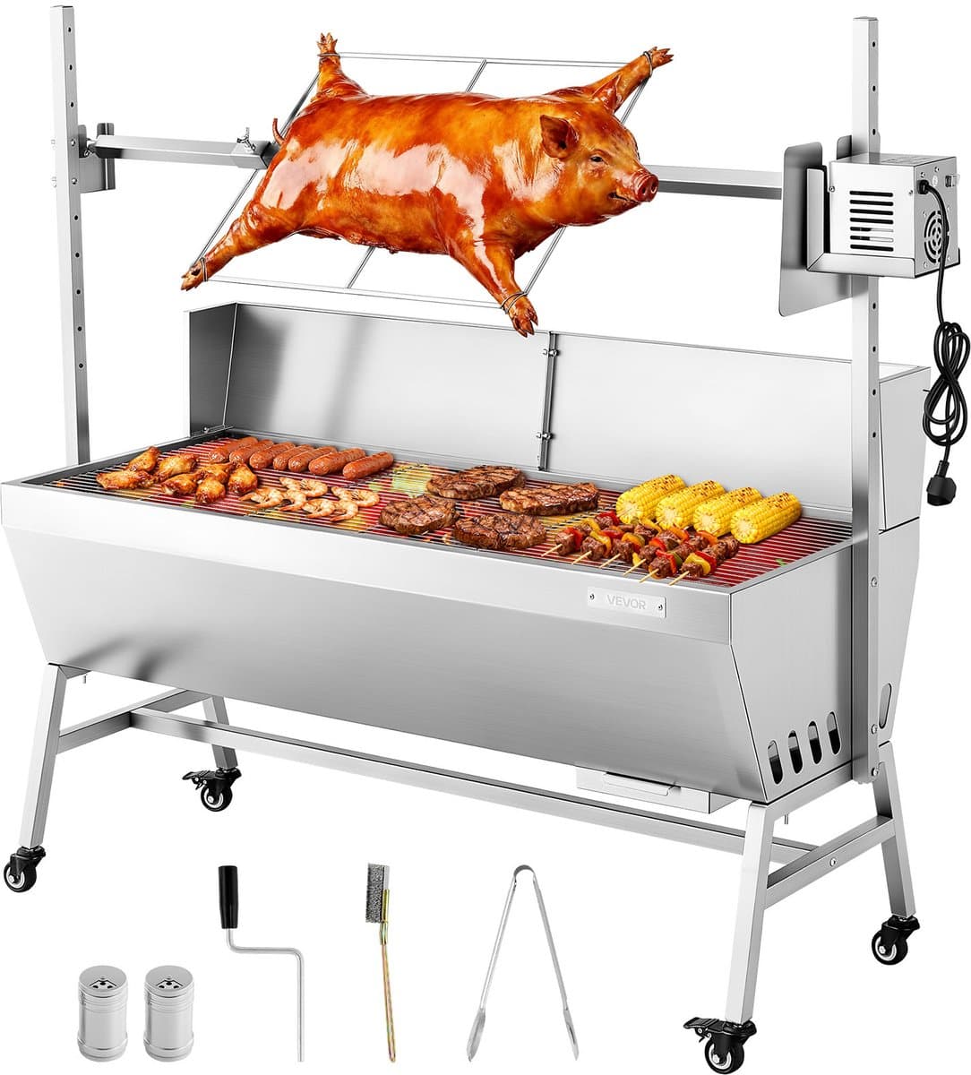 VEVOR Rotisserie Grill 38W Speenvarken Grill Lam Grill Houtskool Grill (1218 mm Grilllengte) met 60 Kg Draagvermogen & Wielen & 4-Voudige Hoogteverstelling & Beschermhoes, Elektrische Grillset Voor Kamperen — afbeelding 1