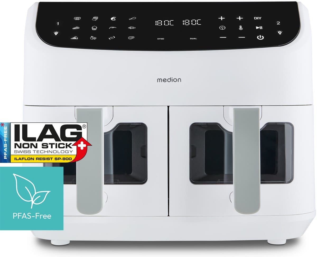 MEDION XXL Dubbele Airfryer P20 - 2 zones - 8,7 L - 2600 W - Matwit — afbeelding 1