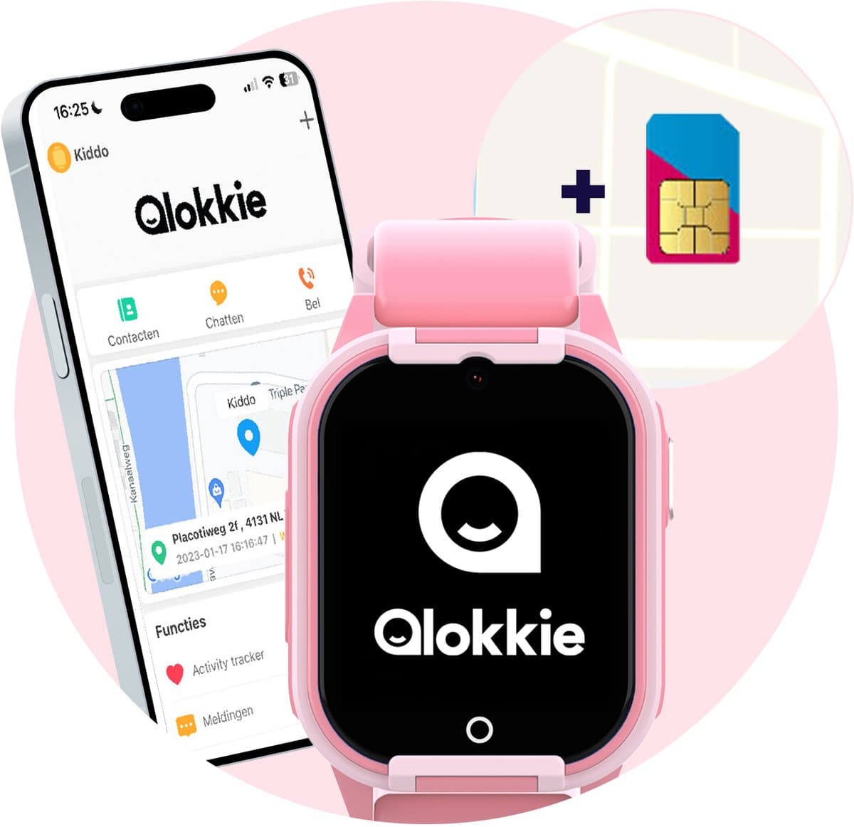 Qlokkie Kiddo Lite - GPS horloge kind - Smartwatch kinderen - GPS tracker kind met nauwkeurige locatiebepaling - GPS horloge kind met simkaart - Stel veilige zones in - SOS functie - Roze — afbeelding 1