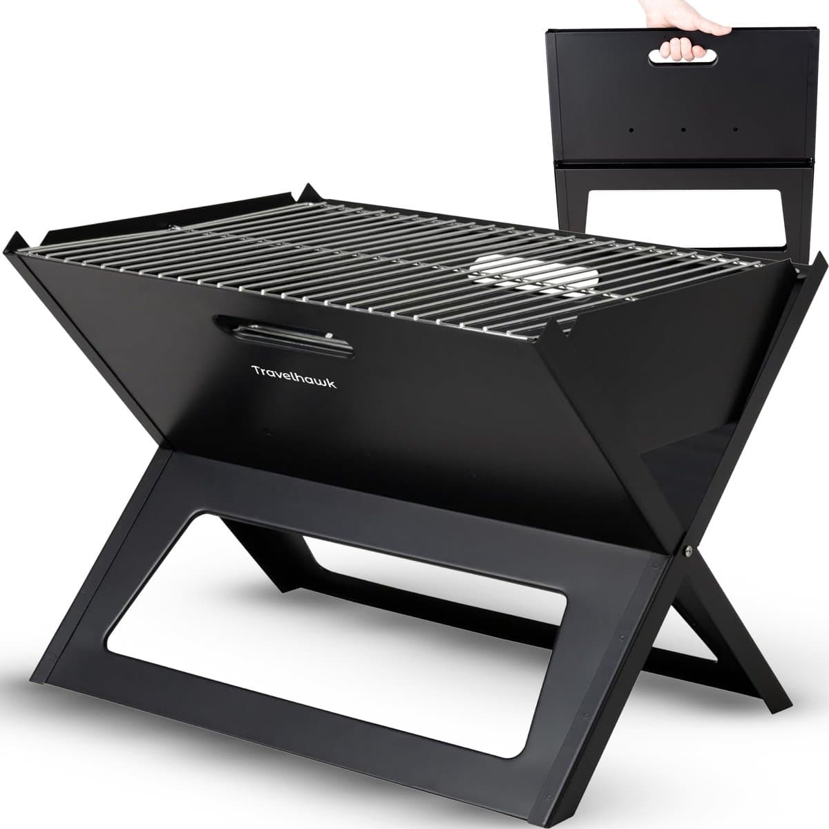 Travelhawk Houtskool BBQ - Barbecue Houtskool - Opvouwbaar - 44x32cm Grilloppervlak - Gelegeerd Staal - Zwart — afbeelding 1