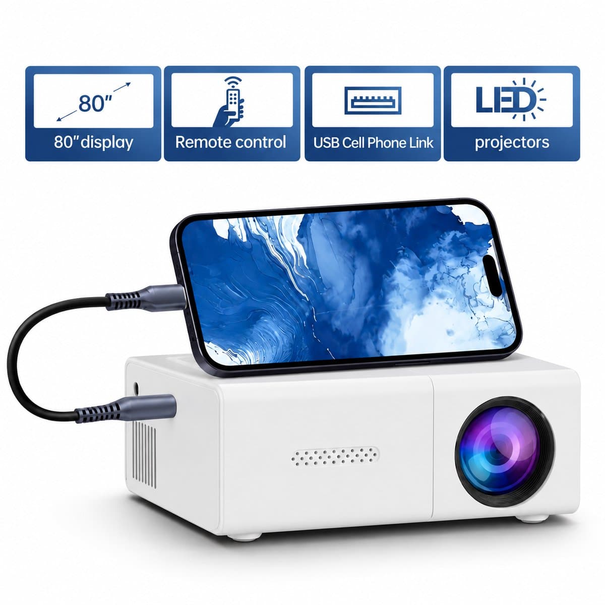 Mini Beamer – 1080P Ondersteuning – 500 ANSI Lumen – 80 Inch Projectie – USB – Compact en Draagbaar — afbeelding 1