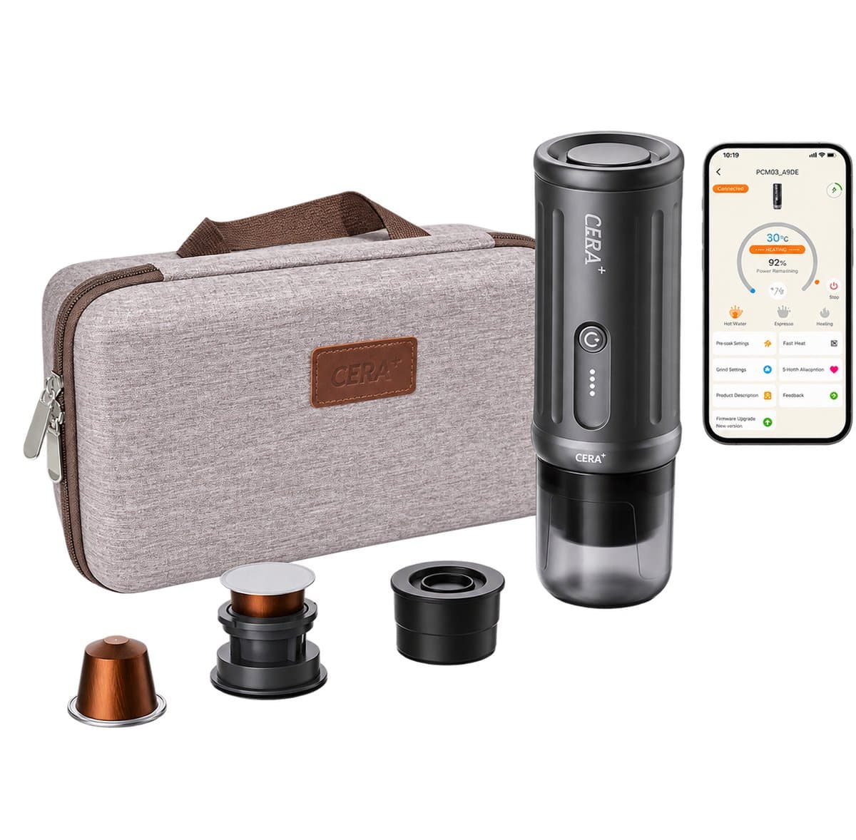 Cerapresso Travel Kit draagbare espressomachine - Bluetooth-app, temperatuurkeuze tot 96°C, pre-infusie en instelbare starttijd - dubbele espresso - capsules en gemalen koffie - 13.500 mAh accu, tot 8 espresso’s per lading - reiskoffer - Cera+ — afbeelding 1