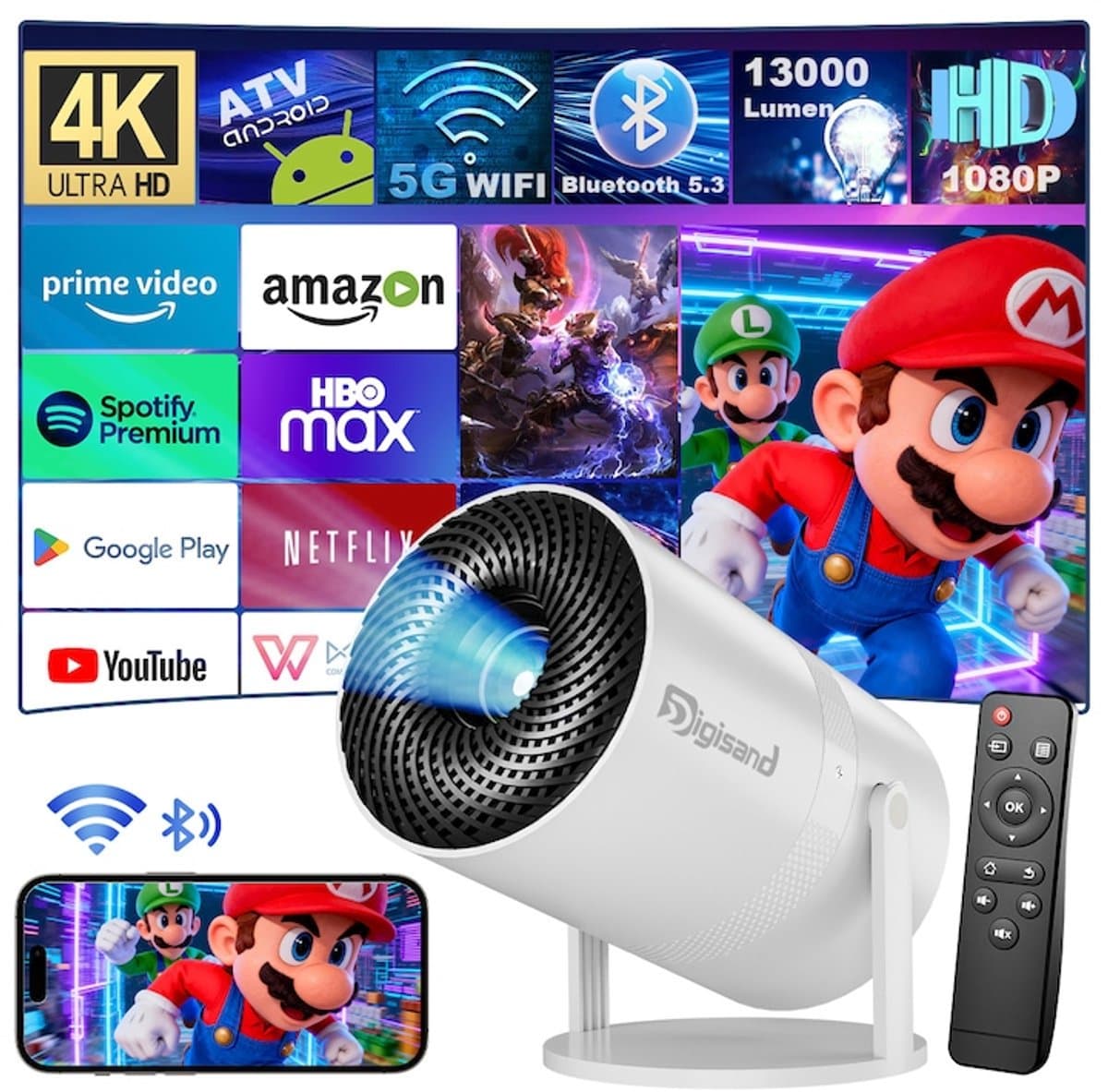Digisand® X3 Mini Beamer Smart Projector –4K Draagbare Beamers-Native Full HD - 350 ANSI 13000 Lumen Home Cinema- Laserprojector Thuisbioscoop- Auto Keystone- iOS&Android 14-WiFi & Bluetooth — afbeelding 1