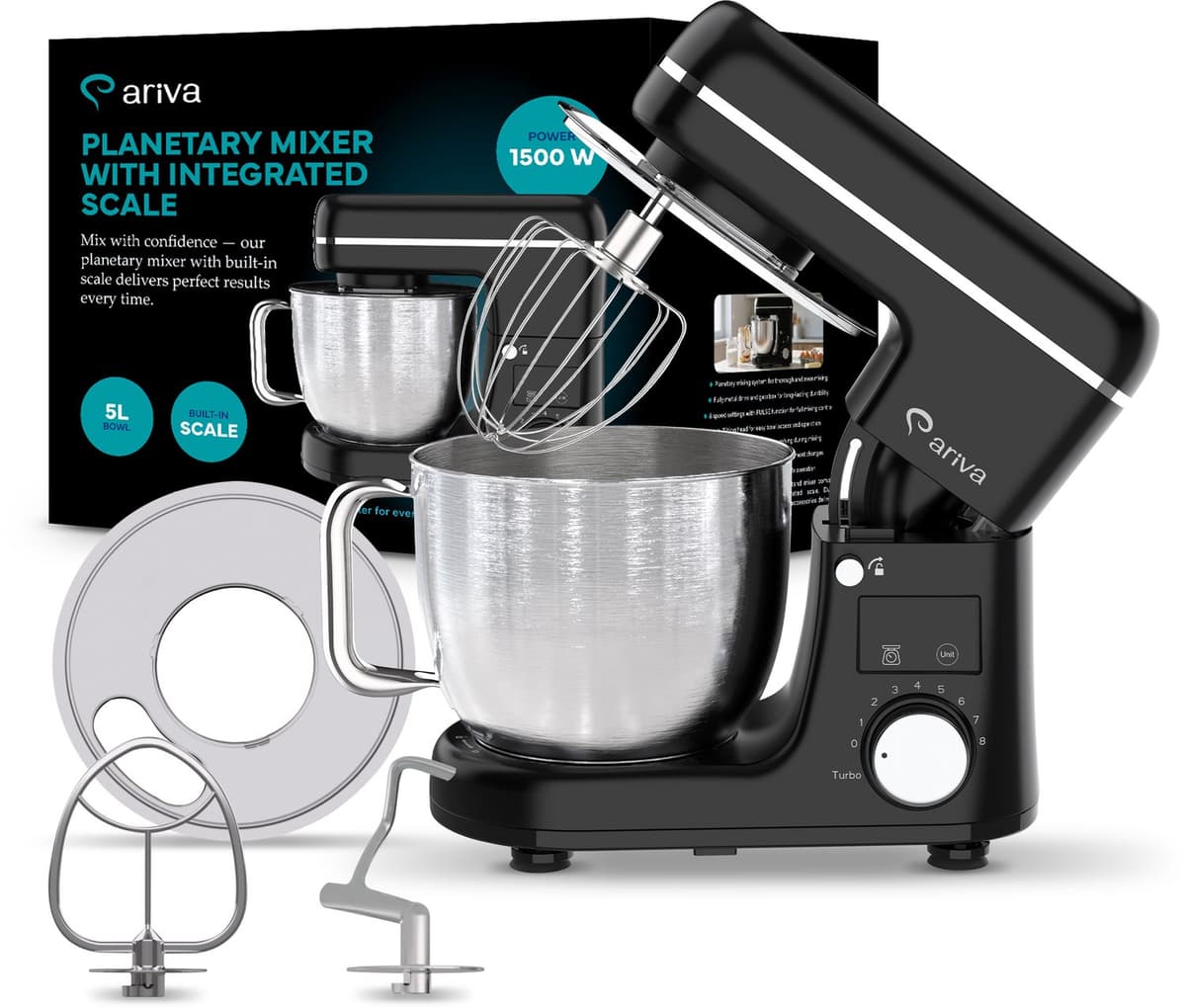 ARIVA-Keukenmachine-1800W maximaal-Met ingebouwde weegschaal-5 Liter-8 Snelheden-Keukenrobot-Keukenmixer — afbeelding 1
