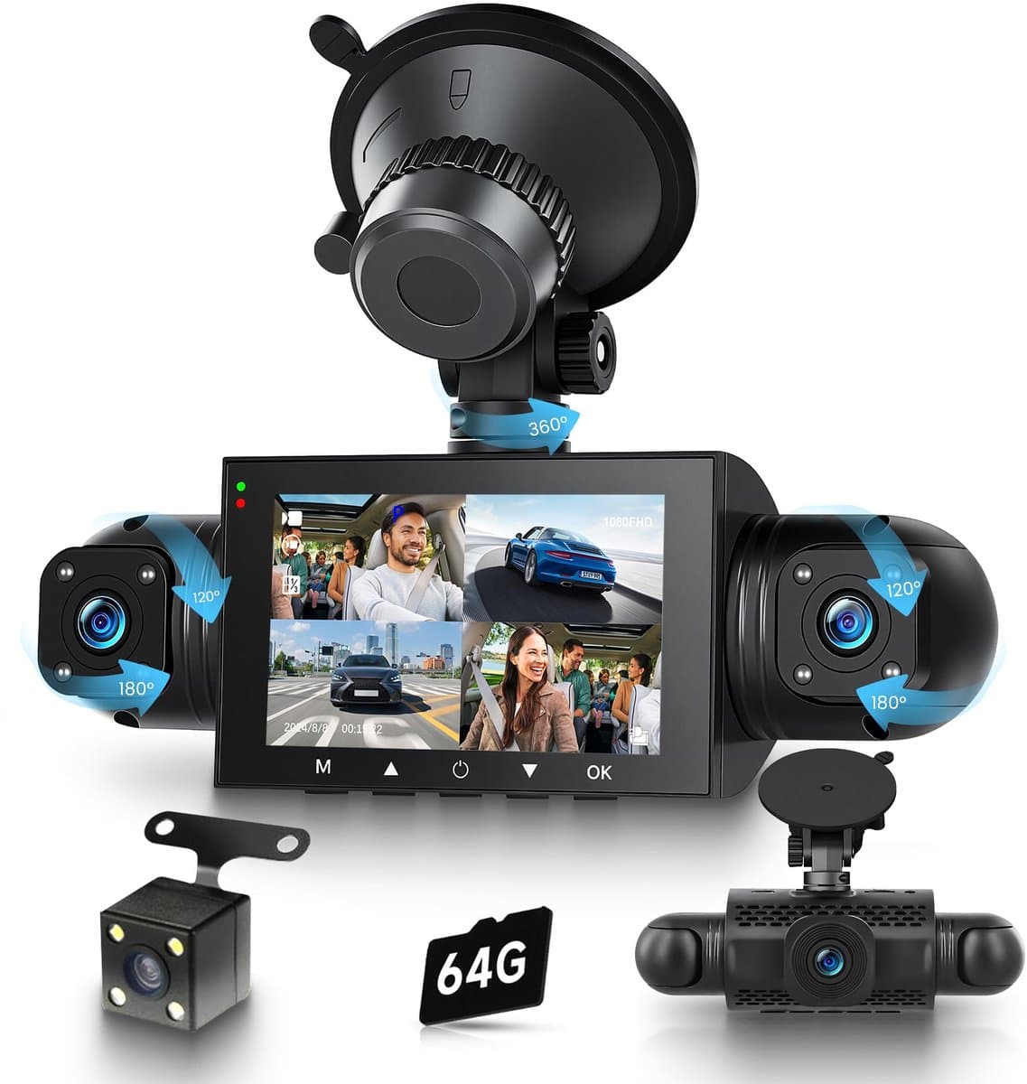SnelShoppen - 360° 4-kanaals dashcam auto met 64 GB kaart, HD 1080P camera's voor en achter, IR-nachtzicht, 3 inch display, parkeermonitor, G-sensor — afbeelding 1