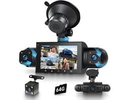 SnelShoppen - 360° 4-kanaals dashcam auto met 64 GB kaart, HD 1080P camera's voor en achter, IR-nachtzicht, 3 inch display, parkeermonitor, G-sensor