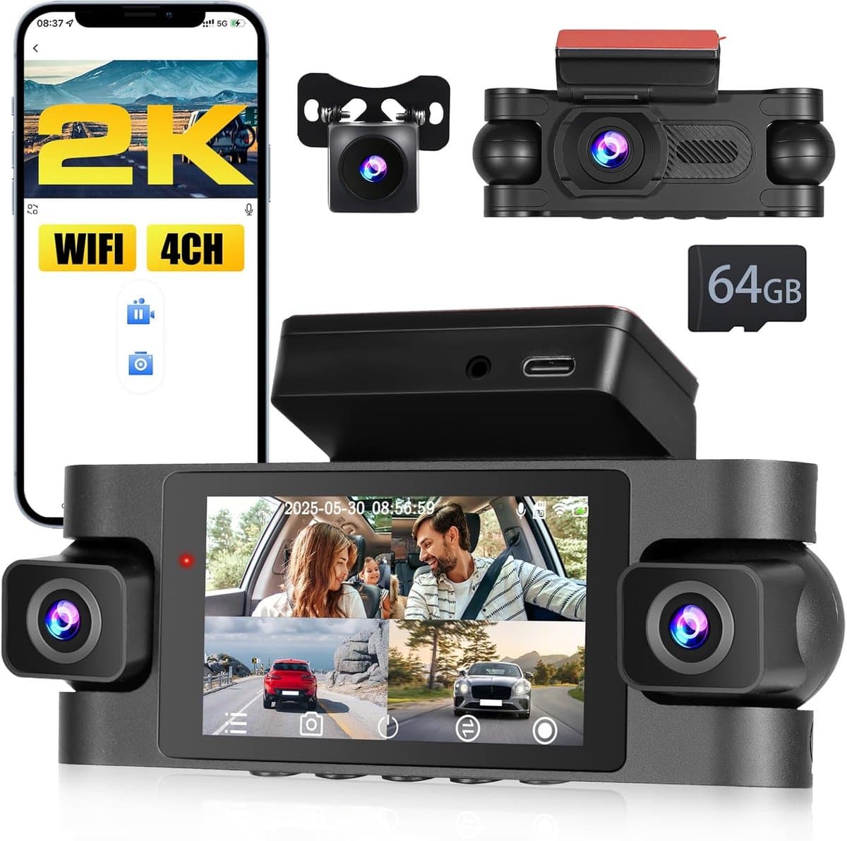 SnelShoppen - 4-kanaals dashcam 2K WiFi autovideo camera voorzijde en 1080P achterzijde, met 64GB kaart, loopopname, G-sensor, achteruitrijhulp — afbeelding 1