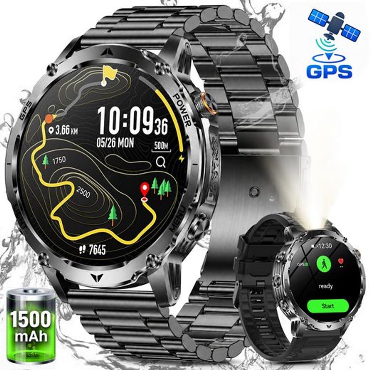 FOSMET GPS Smartwatch Heren - Militair Smartwatch - 1,8 Inch - AMOLED Scherm - 1500mAh - 24/7 Hartslagmeter, SpO2 & Slaapmonitor - 100+ Sportmodi, Kompas, Barometer & Hoogtemeter - LED-Zaklamp - IP68 Outdoor Sporthorloge - Inclusief 2 Bandjes - Zwart — afbeelding 1