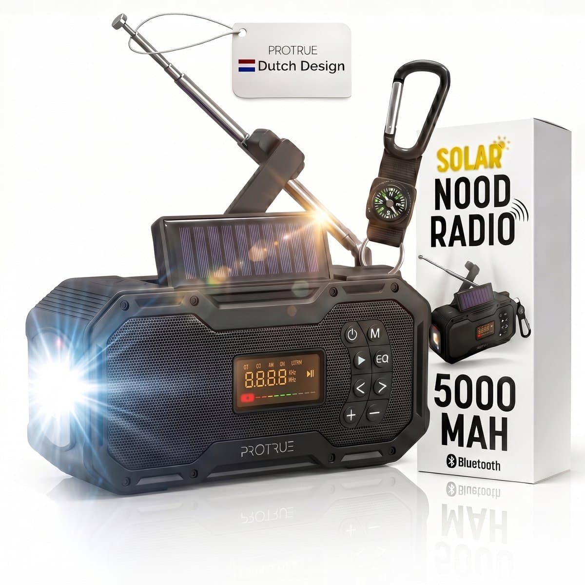 Noodradio Solar Opwindbaar - FM / AM Nood Radio - 5000 mAh Powerbank Zonneenergie - Bouwradio Speaker - Badkamer Radio - Noodpakket — afbeelding 1