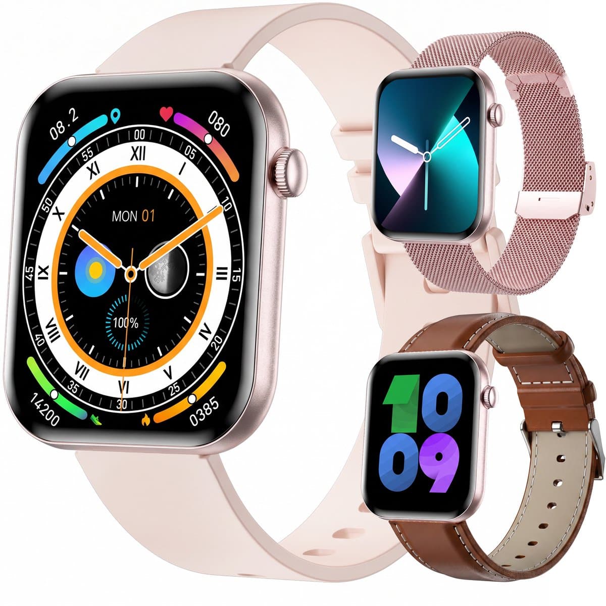 Synyq Health Pro - Smartwatch Dames - 1.85”AMOLED - 3 Bandjes - Stappenteller - Hartslagmeter - Bloeddrukmeter - Slaapmonitor - Belfunctie - Multisport - Geschikt voor Android en iOS - Rose Gold — afbeelding 1