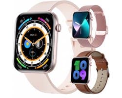 Synyq Health Pro - Smartwatch Dames - 1.85”AMOLED - 3 Bandjes - Stappenteller - Hartslagmeter - Bloeddrukmeter - Slaapmonitor - Belfunctie - Multisport - Geschikt voor Android en iOS - Rose Gold