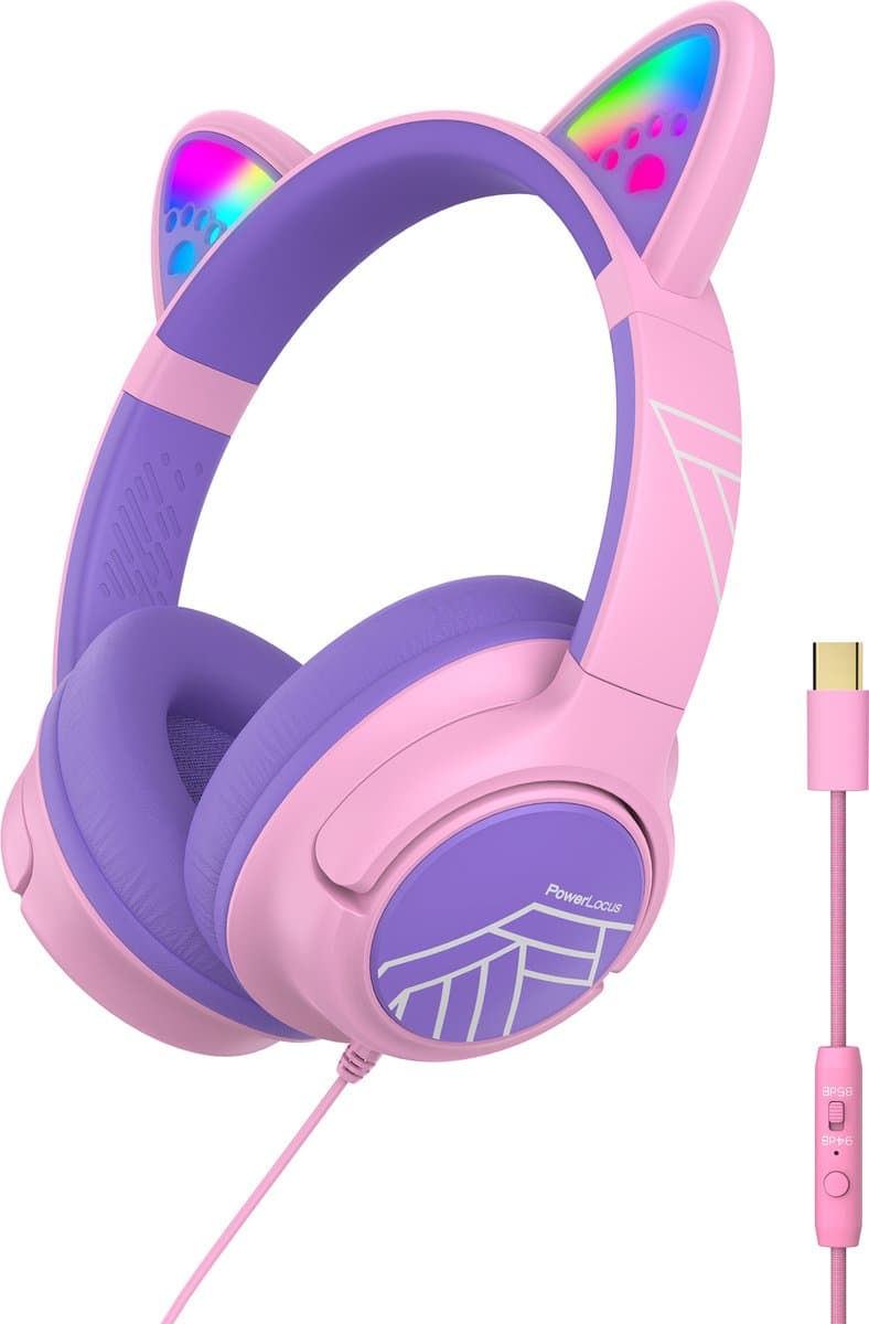 PowerLocus Bobo – USB-C Kinder Koptelefoon met Draad - Koptelefoon voor kinderen - Veilig volume van 85dB en 94dB - Katten Oortjes - Led Verlichting - Met microfoon – Stickers – Paars/Roze — afbeelding 1