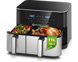 WELLENT Dubbele Airfryer XXL 11L - 4L + 7L - 2600W - 10 Programma’s - Smart Finish & Match Cook - 80–200°C Instelbaar - PFAS-vrij - Vaatwasserbestendige Manden