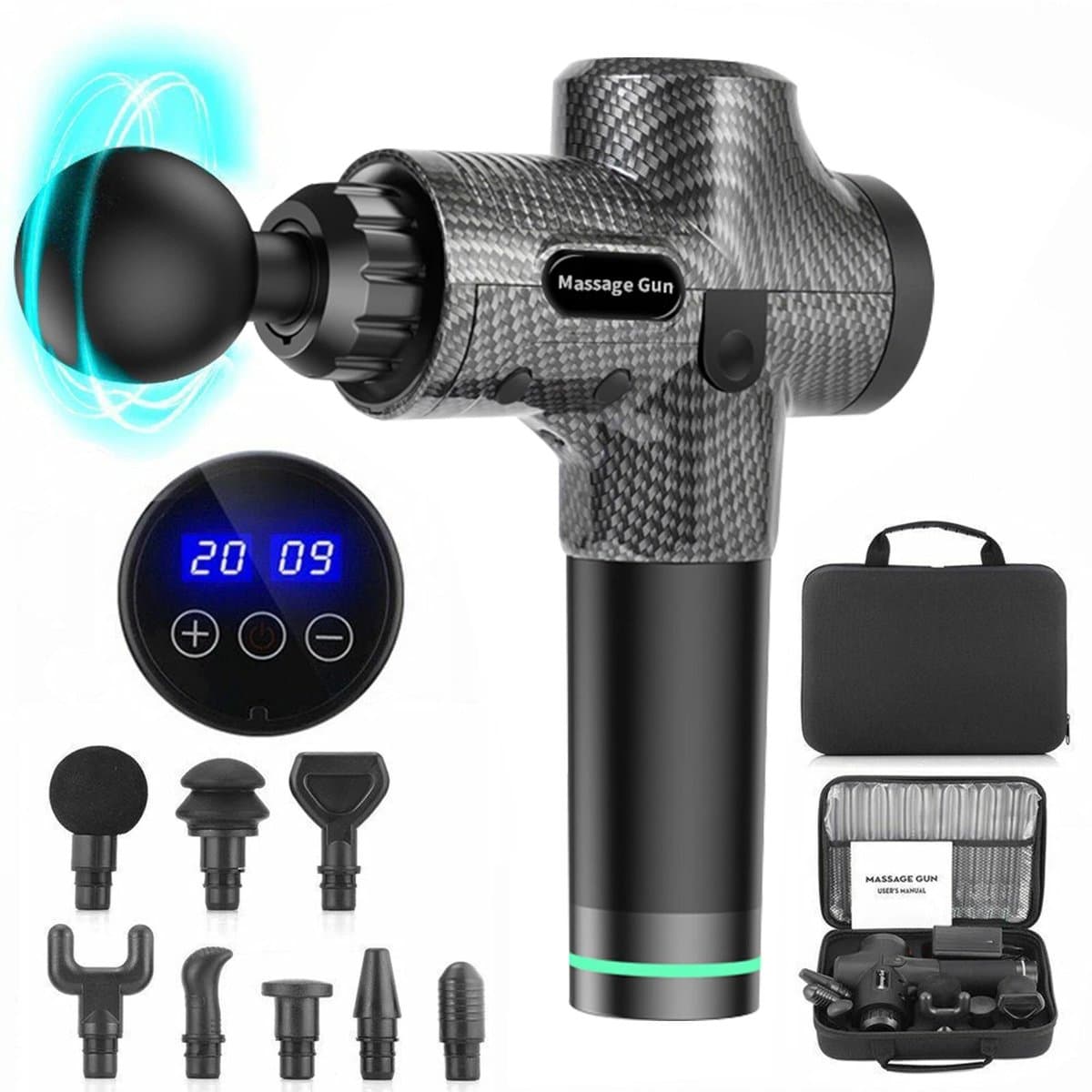 Elektrisch massagepistool - 12V massagepistool - 30 standen - Draagbaar fascia-pistool - Spiermassage - 8 massagekoppen - Krachtig - Inclusief opbergkoffer - Koolstofvezel - Zwart — afbeelding 1