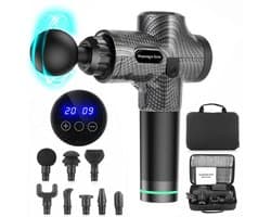 Elektrisch massagepistool - 12V massagepistool - 30 standen - Draagbaar fascia-pistool - Spiermassage - 8 massagekoppen - Krachtig - Inclusief opbergkoffer - Koolstofvezel - Zwart