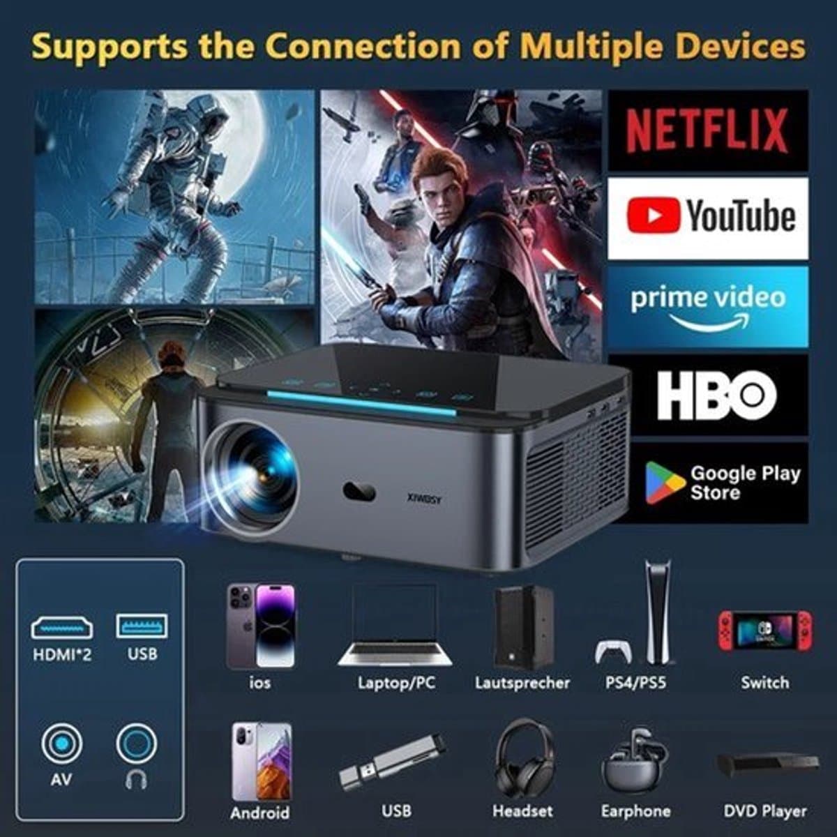 Xiwbsy - Beamer - Projector Beamer - Projector 4k - 1080P - Automatische focus - met WiFi 6 - 25000 Lumens - Buiten- en thuisprojector - Android 4K - Zwart — afbeelding 1