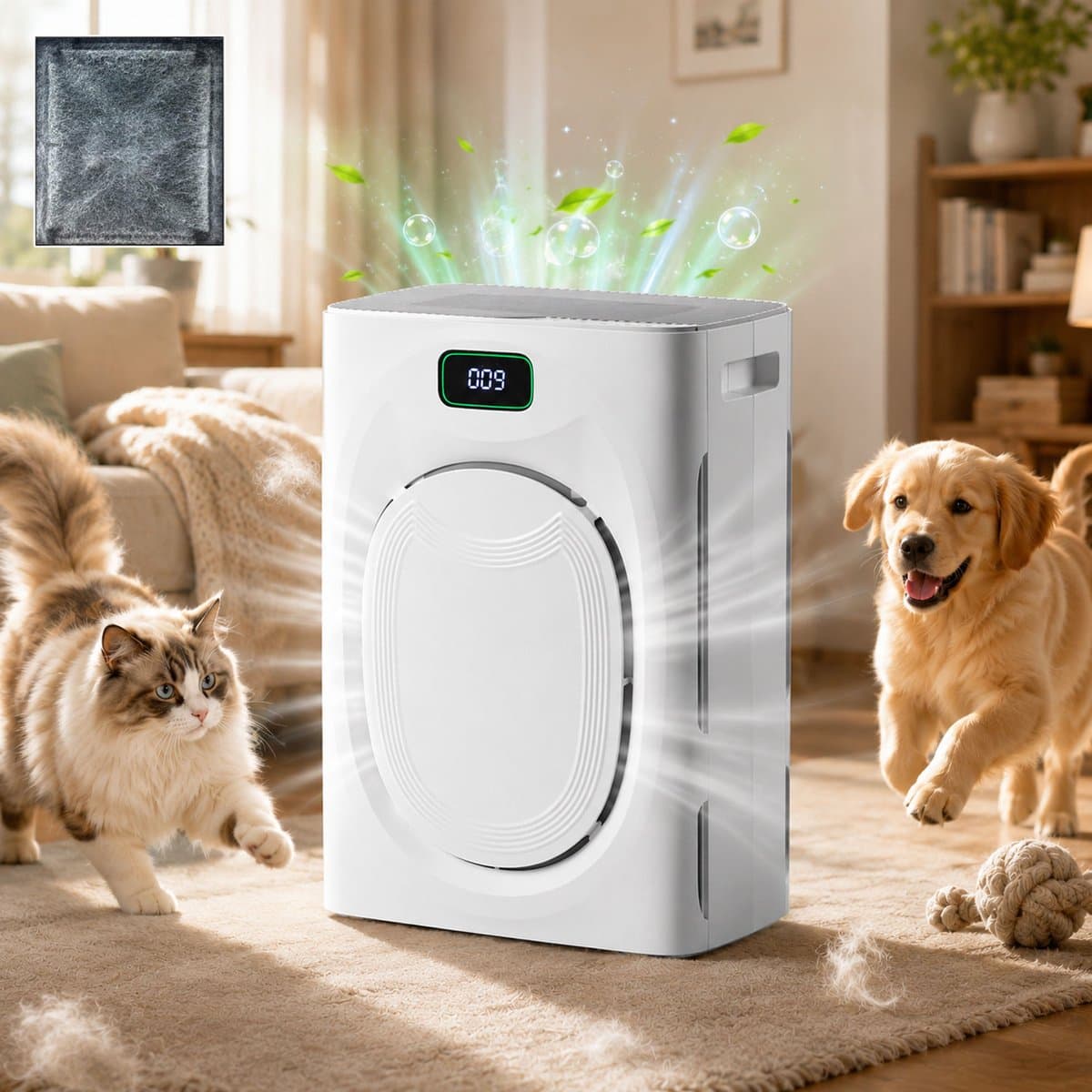 Rosnek Luchtreiniger voor Huisdieren - H13 HEPA + Actief Koolfilter - 350 m³/h CADR - Wasbaar Voorfilter tegen Kattenhaar, Hondenhaar, Pollen & Geuren - PM2.5 - Slaapmodus - Wit — afbeelding 1