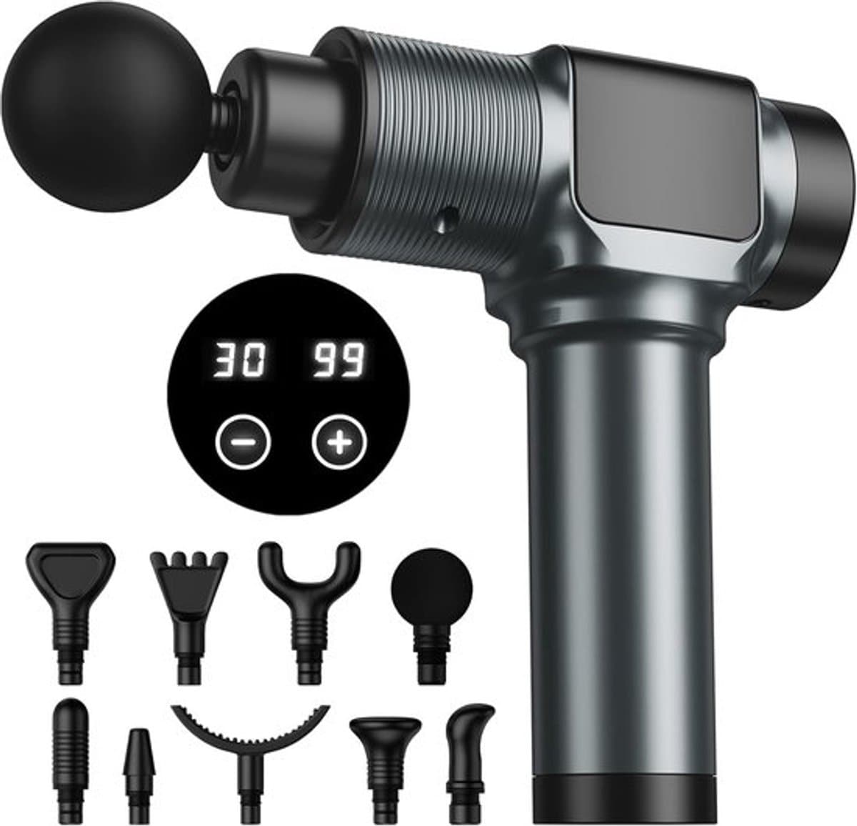 Massagepistool, massagepistool voor diepe weefselmassage voor pijnverlichting, percussieve spiermassagepistool voor atleten, draagbare elektrische rugmassager met 30 snelheidsniveaus en 9 massagekoppen (grijs) — afbeelding 1
