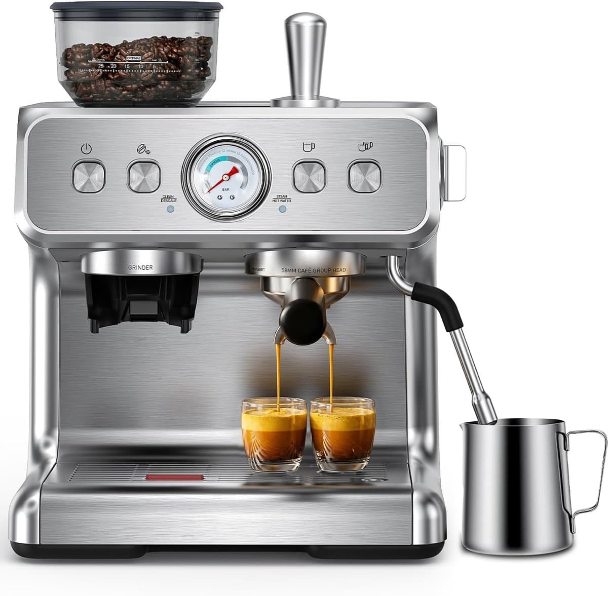 COWSAR Koffiemachine – met geïntegreerde conische molen – 30 maalgraadinstellingen – PID-temperatuurregeling – drukmeter – roestvrijstalen espressomaker en kopjeswarmer – geschikt voor latte macchiato, cappuccino en espresso — afbeelding 1