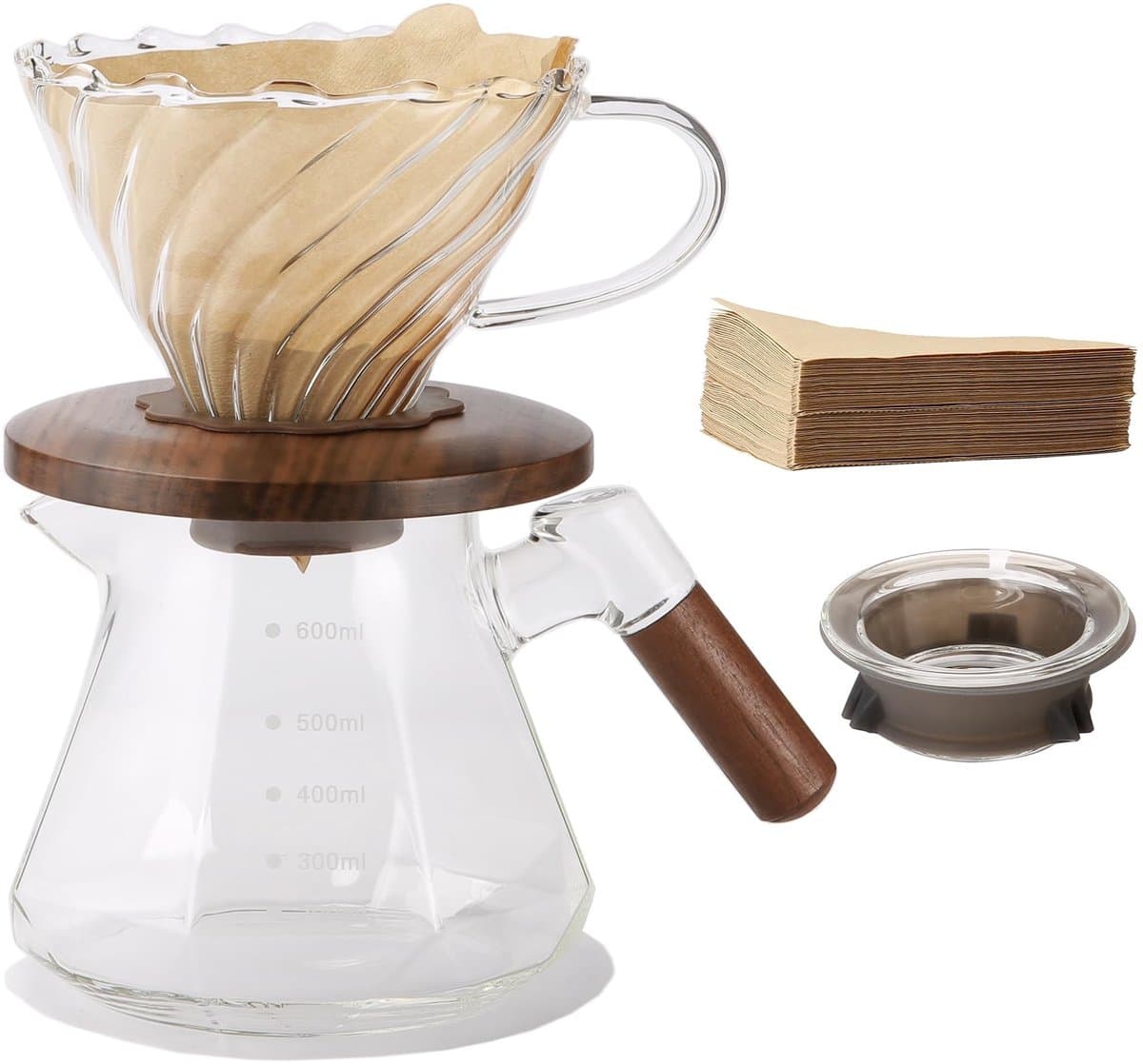 Dailygoods- Koffiezetapparaat 600ml - Borosilicaatglas - Druppelkoffiezetapparaat - Houten Kraag - 100 Vellen Papierfilter - Veilig Materiaal - Drip Coffee Maker — afbeelding 1