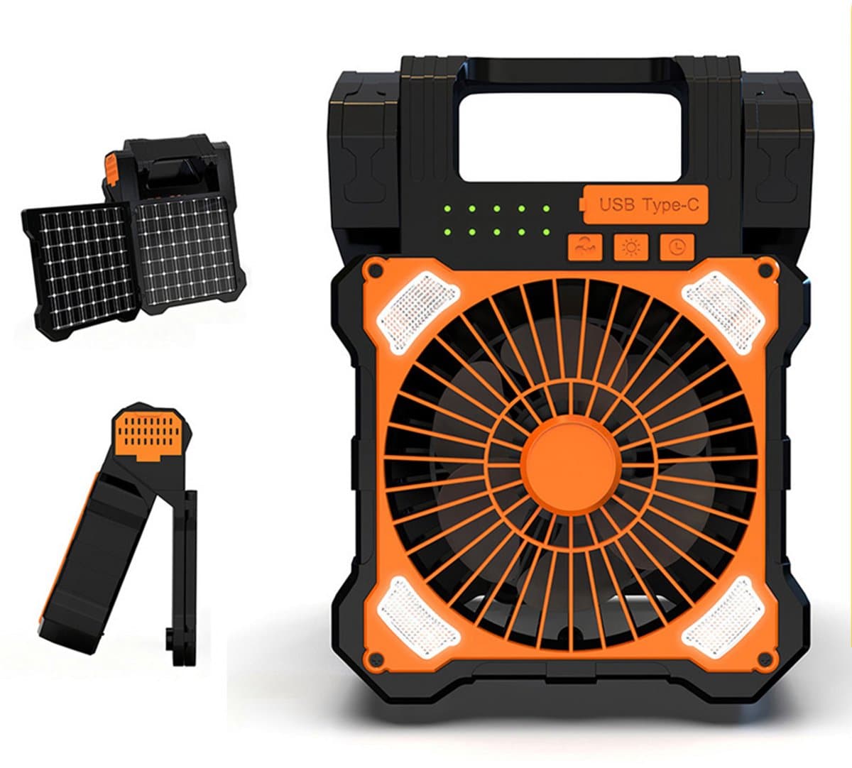 Ventilator op zonne-energie - 8000 mAh - Opladen via zonnepaneel - Draagbare campingventilator - Multifunctioneel met LED-verlichting - Type-C opladen - Stille reisventilator - Oranje — afbeelding 1